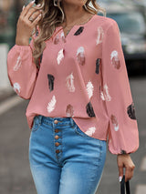 Women’s Feather Print Long Sleeve Split V Neck Blouse