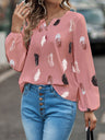 Women’s Feather Print Long Sleeve Split V Neck Blouse
