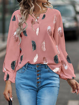 Women’s Feather Print Long Sleeve Split V Neck Blouse