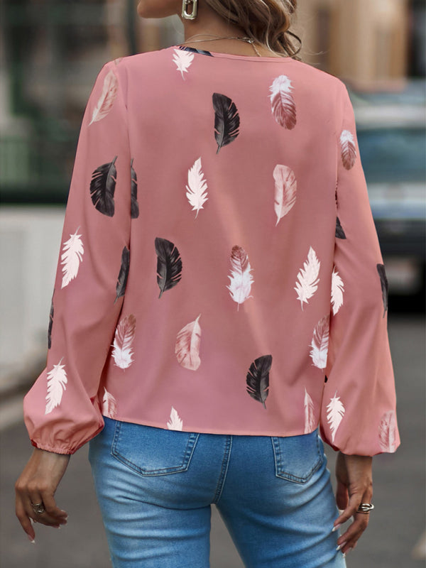 Women’s Feather Print Long Sleeve Split V Neck Blouse