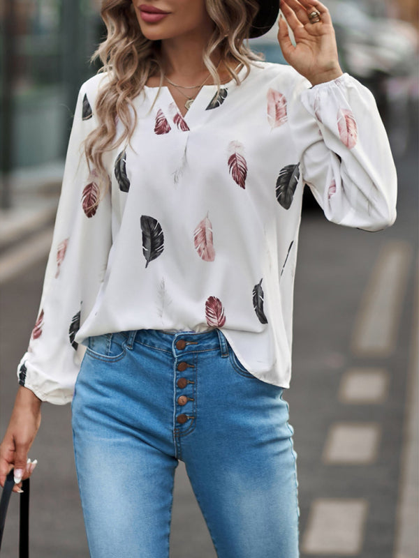 Women’s Feather Print Long Sleeve Split V Neck Blouse
