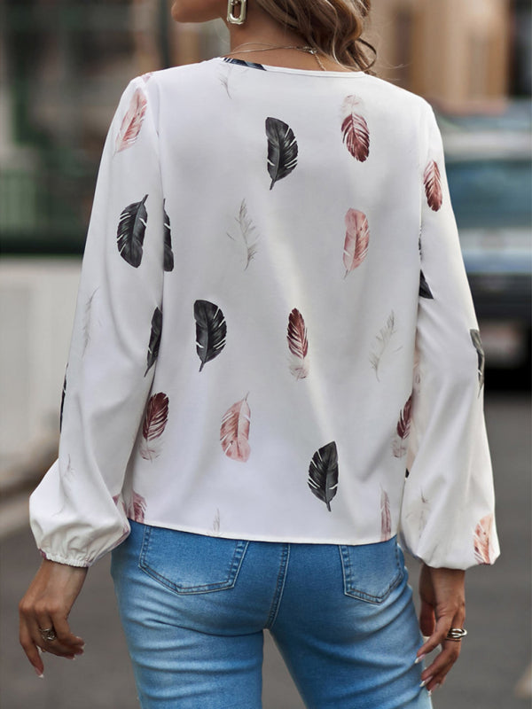 Women’s Feather Print Long Sleeve Split V Neck Blouse
