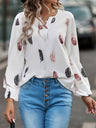 Women’s Feather Print Long Sleeve Split V Neck Blouse