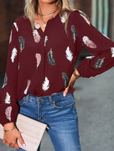 Women’s Feather Print Long Sleeve Split V Neck Blouse