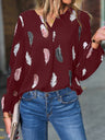 Women’s Feather Print Long Sleeve Split V Neck Blouse
