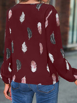 Women’s Feather Print Long Sleeve Split V Neck Blouse