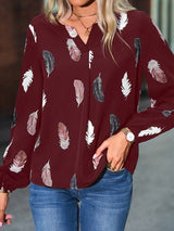 Women’s Feather Print Long Sleeve Split V Neck Blouse