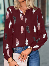 Women’s Feather Print Long Sleeve Split V Neck Blouse