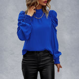 Women’s Solid Color In Mock Neck With Smocked Cuff Ruched Long Sleeve Blouse