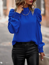 Women’s Solid Color In Mock Neck With Smocked Cuff Ruched Long Sleeve Blouse