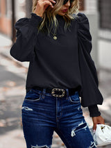 Women’s Solid Color In Mock Neck With Smocked Cuff Ruched Long Sleeve Blouse