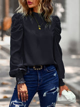 Women’s Solid Color In Mock Neck With Smocked Cuff Ruched Long Sleeve Blouse