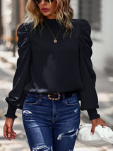 Women’s Solid Color In Mock Neck With Smocked Cuff Ruched Long Sleeve Blouse
