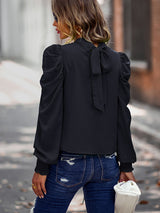 Women’s Solid Color In Mock Neck With Smocked Cuff Ruched Long Sleeve Blouse
