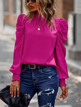 Women’s Solid Color In Mock Neck With Smocked Cuff Ruched Long Sleeve Blouse