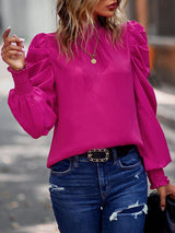 Women’s Solid Color In Mock Neck With Smocked Cuff Ruched Long Sleeve Blouse