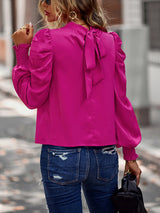Women’s Solid Color In Mock Neck With Smocked Cuff Ruched Long Sleeve Blouse