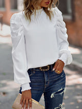 Women’s Solid Color In Mock Neck With Smocked Cuff Ruched Long Sleeve Blouse