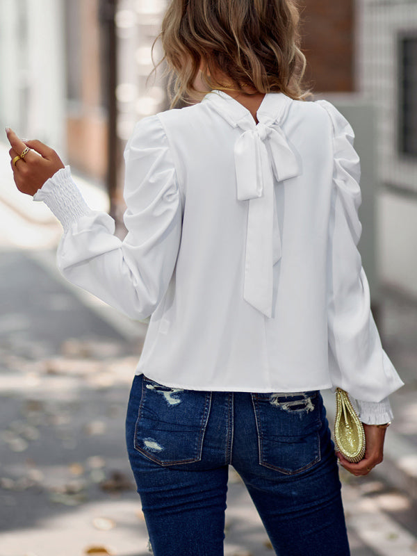 Women’s Solid Color In Mock Neck With Smocked Cuff Ruched Long Sleeve Blouse