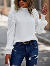 Women’s Solid Color In Mock Neck With Smocked Cuff Ruched Long Sleeve Blouse
