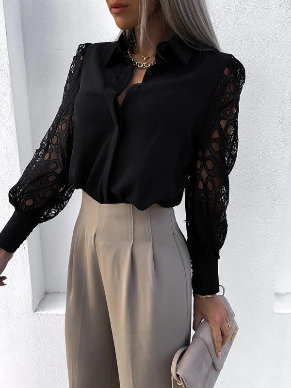 Women’s Solid Color Lace Sleeve Buttons Cuffs Button Front Shirt Blouse