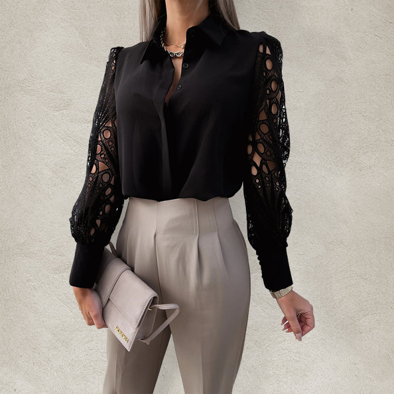 Women’s Solid Color Lace Sleeve Buttons Cuffs Button Front Shirt Blouse