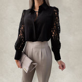 Women’s Solid Color Lace Sleeve Buttons Cuffs Button Front Shirt Blouse