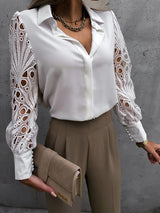 Women’s Solid Color Lace Sleeve Buttons Cuffs Button Front Shirt Blouse