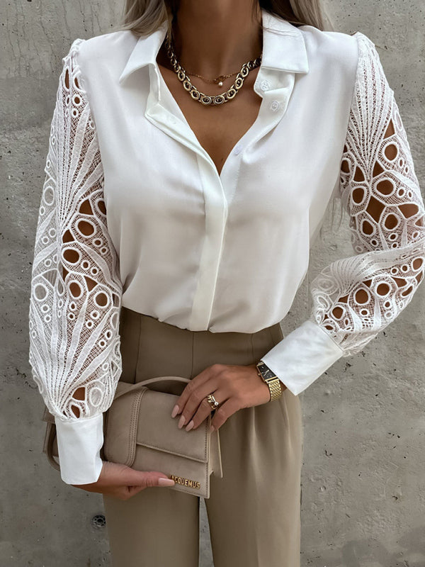 Women’s Solid Color Lace Sleeve Buttons Cuffs Button Front Shirt Blouse
