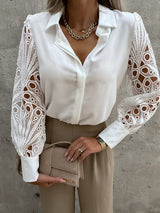 Women’s Solid Color Lace Sleeve Buttons Cuffs Button Front Shirt Blouse
