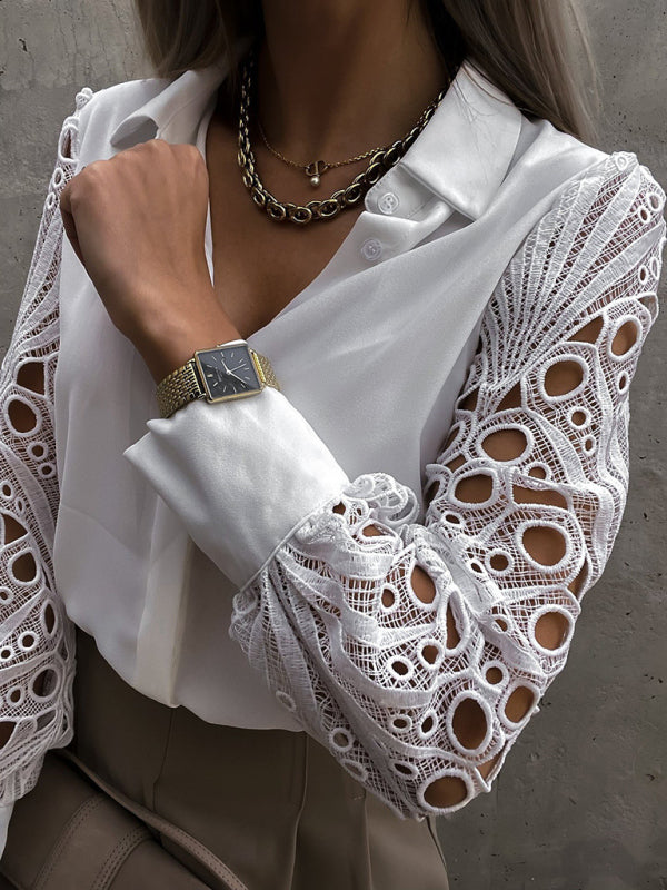 Women’s Solid Color Lace Sleeve Buttons Cuffs Button Front Shirt Blouse