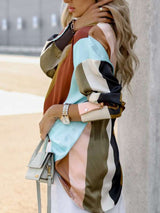 Women’s Abstract Bright Print Off Shoulder Puff Sleeve Button Cuffs Shirt