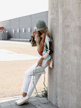 Women’s Abstract Bright Print Off Shoulder Puff Sleeve Button Cuffs Shirt