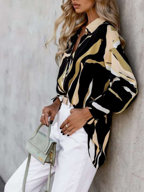 Women’s Abstract Bright Print Off Shoulder Puff Sleeve Button Cuffs Shirt