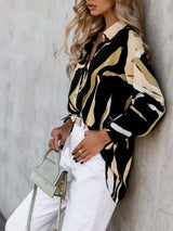 Women’s Abstract Bright Print Off Shoulder Puff Sleeve Button Cuffs Shirt