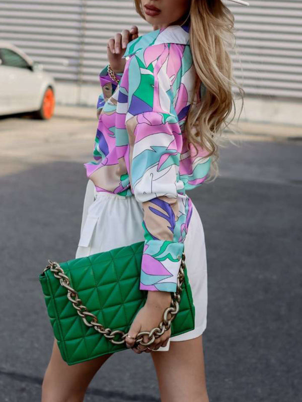 Women’s Abstract Bright Print Off Shoulder Puff Sleeve Button Cuffs Shirt
