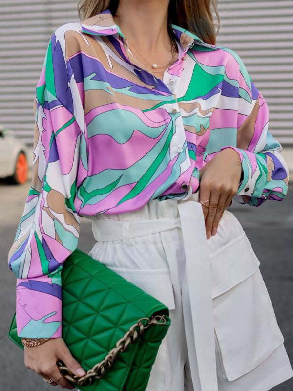 Women’s Abstract Bright Print Off Shoulder Puff Sleeve Button Cuffs Shirt