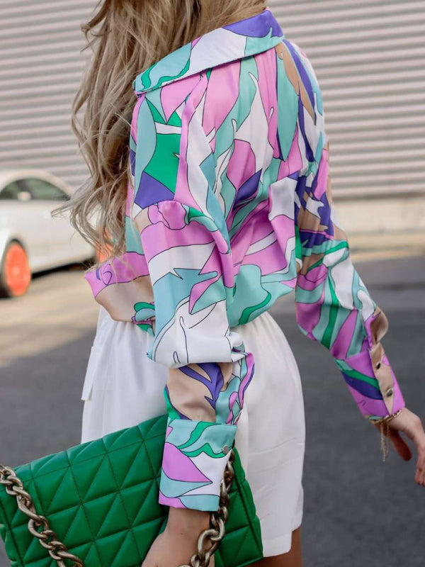 Women’s Abstract Bright Print Off Shoulder Puff Sleeve Button Cuffs Shirt