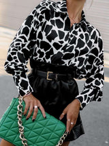 Women’s Abstract Bright Print Off Shoulder Puff Sleeve Button Cuffs Shirt