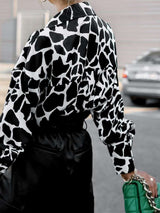 Women’s Abstract Bright Print Off Shoulder Puff Sleeve Button Cuffs Shirt