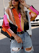 Women’s Abstract Bright Print Off Shoulder Puff Sleeve Button Cuffs Shirt