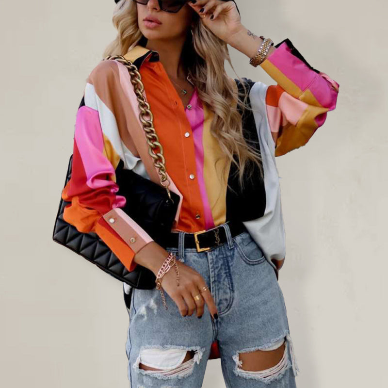 Women’s Abstract Bright Print Off Shoulder Puff Sleeve Button Cuffs Shirt