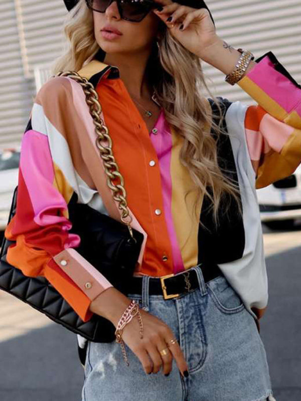 Women’s Abstract Bright Print Off Shoulder Puff Sleeve Button Cuffs Shirt
