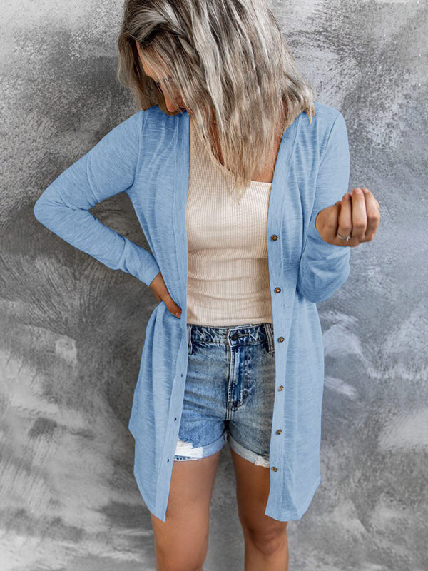 Women’s Solid Color V Neck Long Sleeve Button Front Longline Cardigan