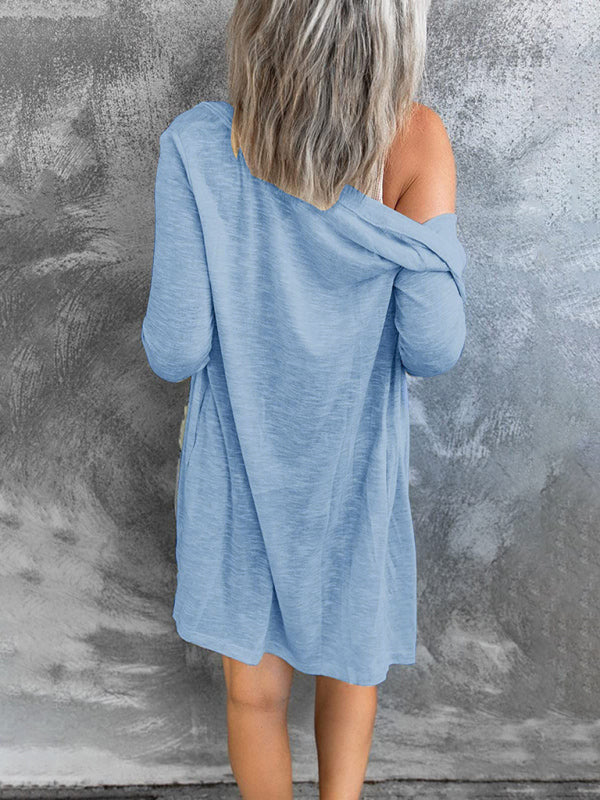 Women’s Solid Color V Neck Long Sleeve Button Front Longline Cardigan