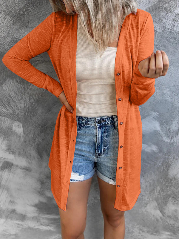 Women’s Solid Color V Neck Long Sleeve Button Front Longline Cardigan