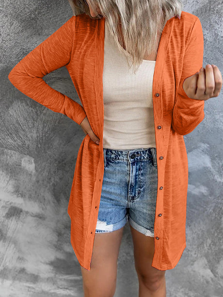 Women’s Solid Color V Neck Long Sleeve Button Front Longline Cardigan