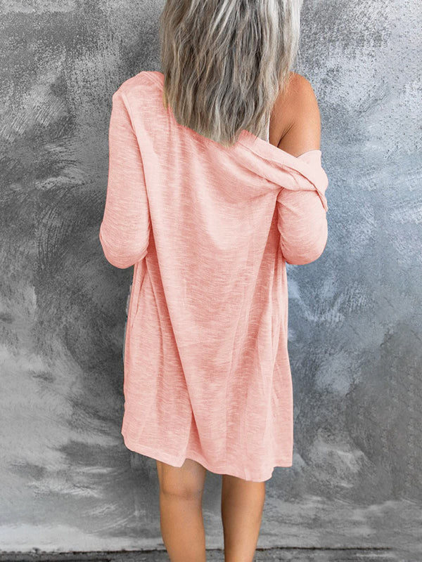 Women’s Solid Color V Neck Long Sleeve Button Front Longline Cardigan