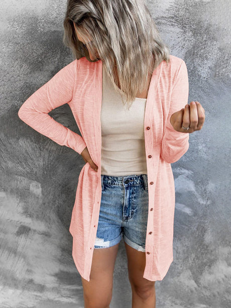 Women’s Solid Color V Neck Long Sleeve Button Front Longline Cardigan