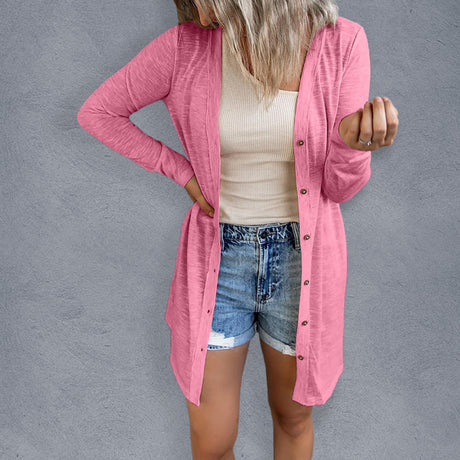 Women’s Solid Color V Neck Long Sleeve Button Front Longline Cardigan